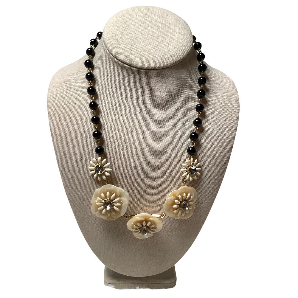 Talbots Gold Tone Floral Crystal Beaded Statement Bib Necklace Vintage F17-18